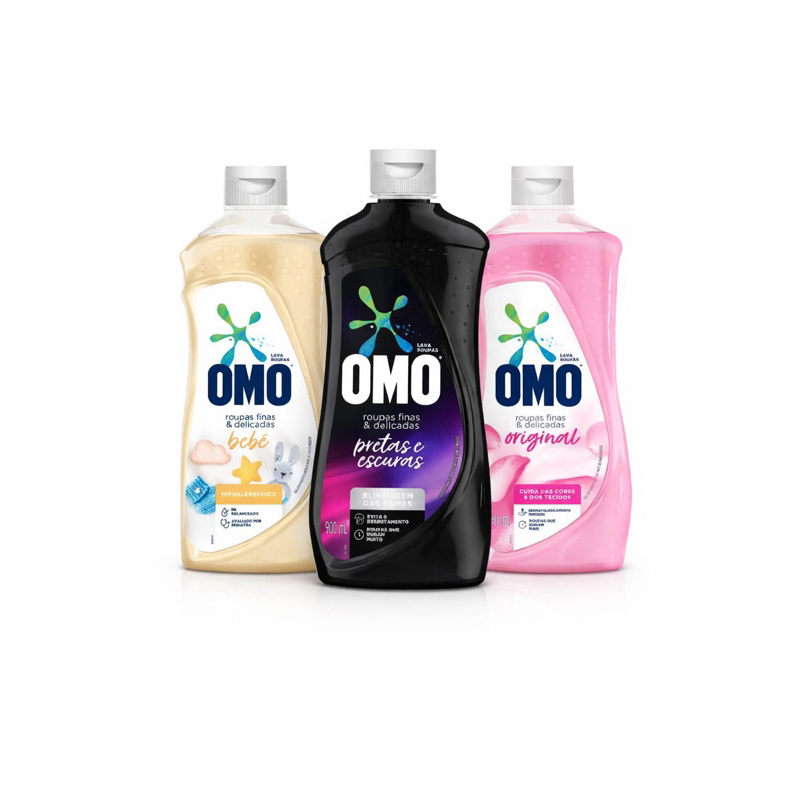 Kit Sabão Líquido OMO 3 Unidades 900ml – Roupas Finas Original Pretas e Escuras Bebê
