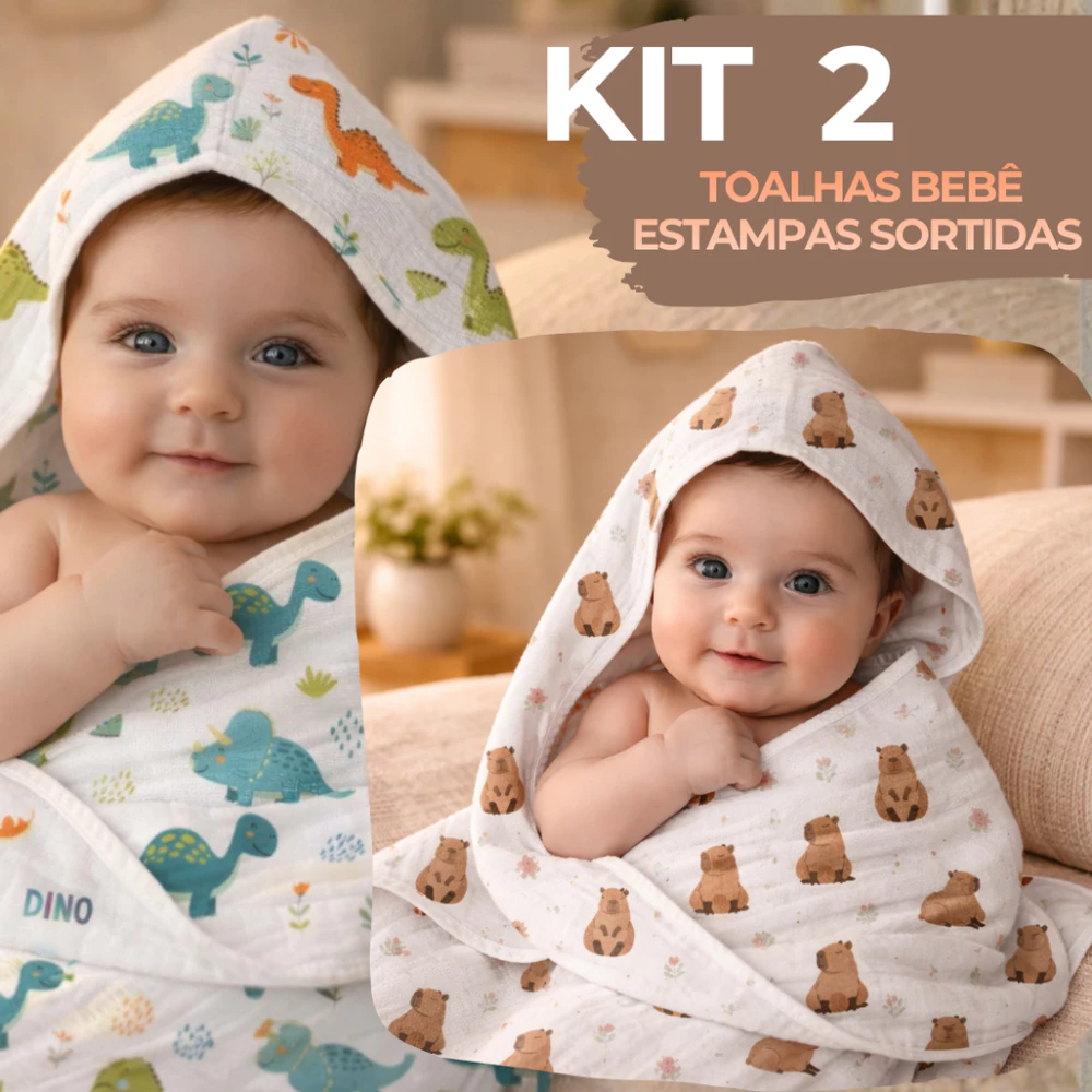 Kit 2 Toalhas Bebê 100% Algodão com Capuz Soft Dupla Camada Macia Absorvente Menino Menina Neutro