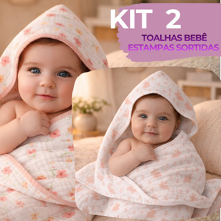 Kit 2 Toalhas Bebê 100% Algodão Capuz Soft Dupla Camada Macia Absorvente Menino Menina Neutro em Oferta na Shopee
