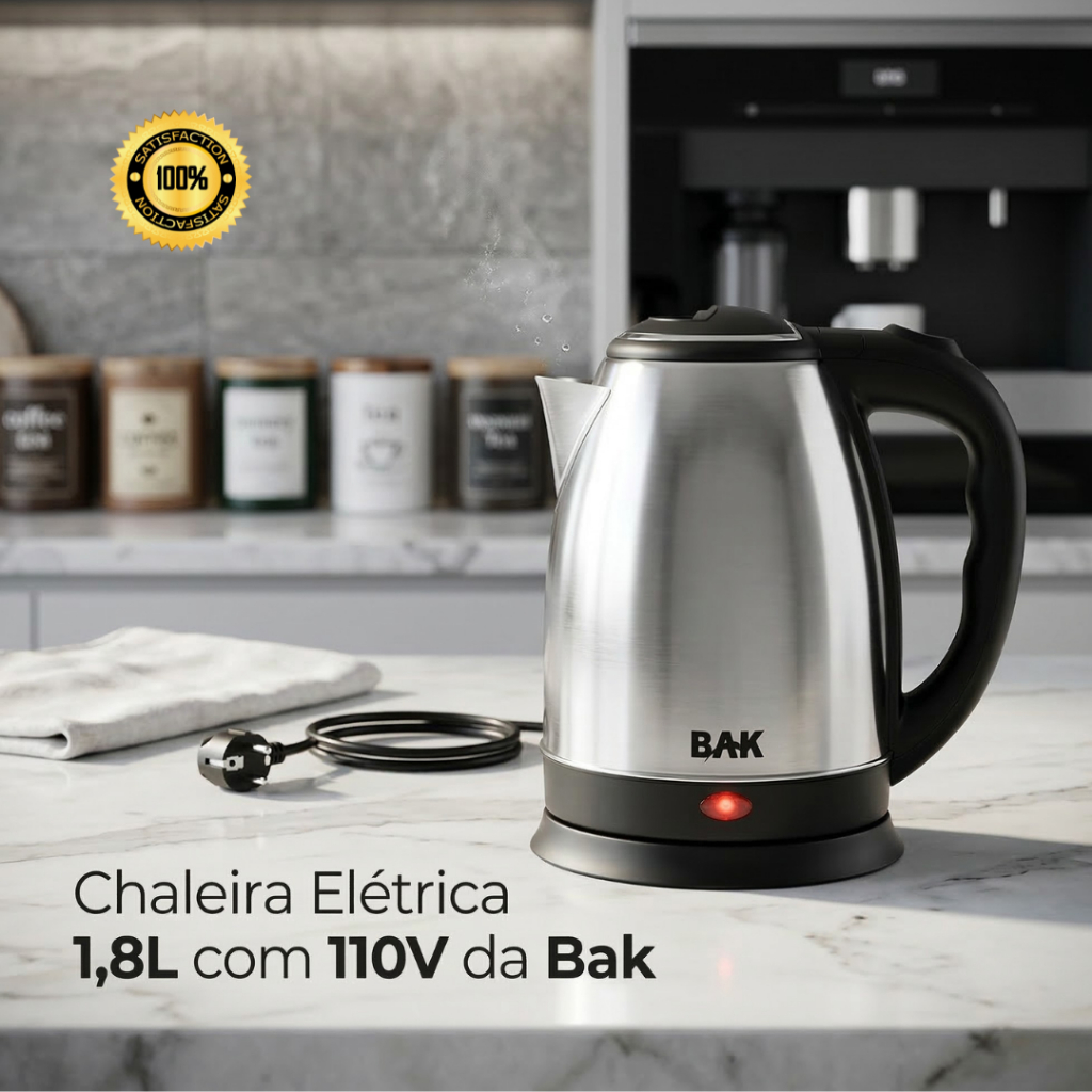 Chaleira Elétrica Jarra Inox 110V BAK Base Removível Bule Fervura 1100w 1.8L Café Chá Água Quente