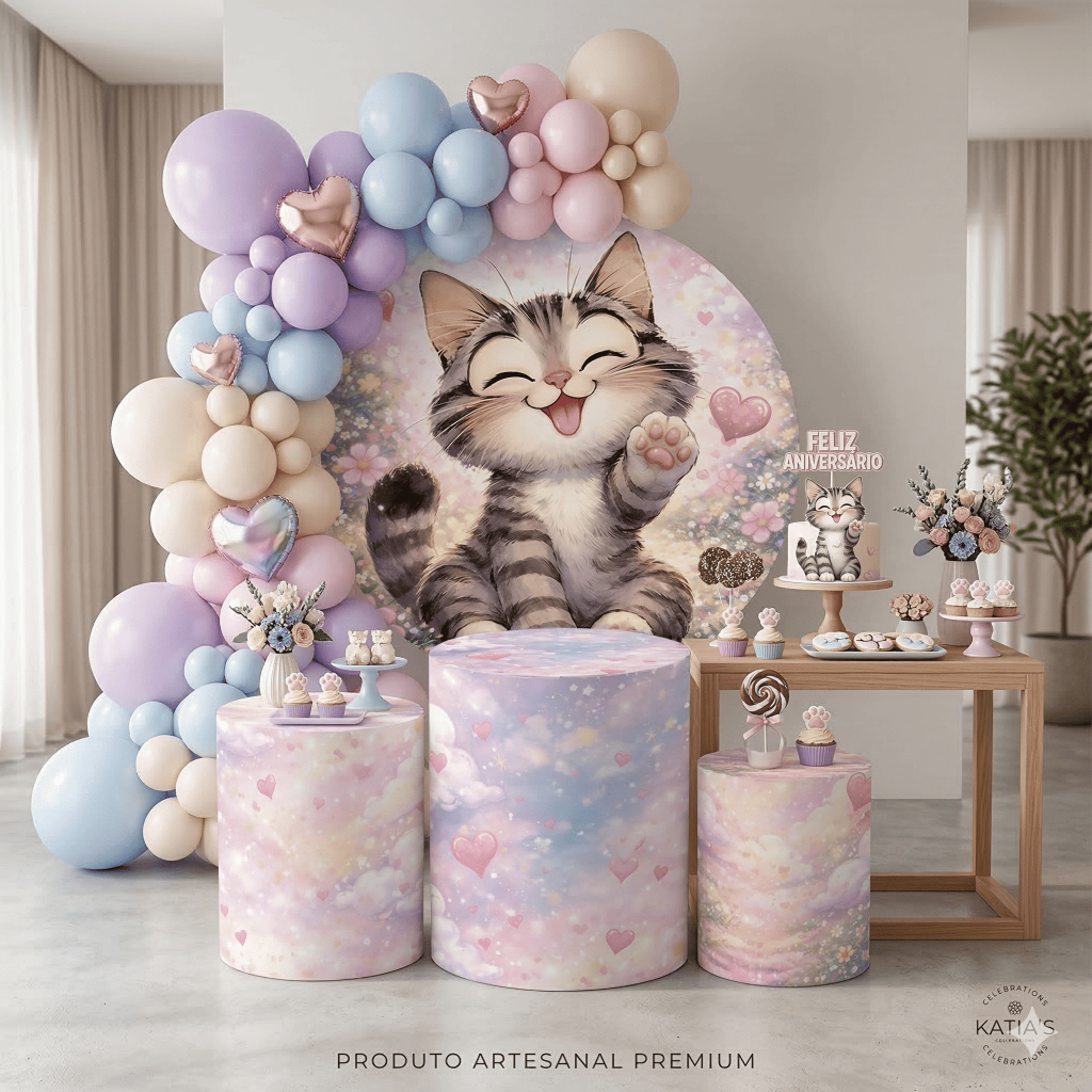Kit Decoração Festa Infantil Gatinho Cute Painel Redondo + Cilindros Aniversário Infantil