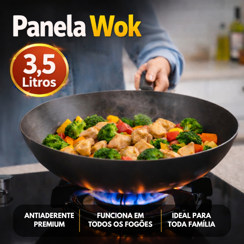 Panela Wok Antiaderente 30cm Grande Cozimento Rápido