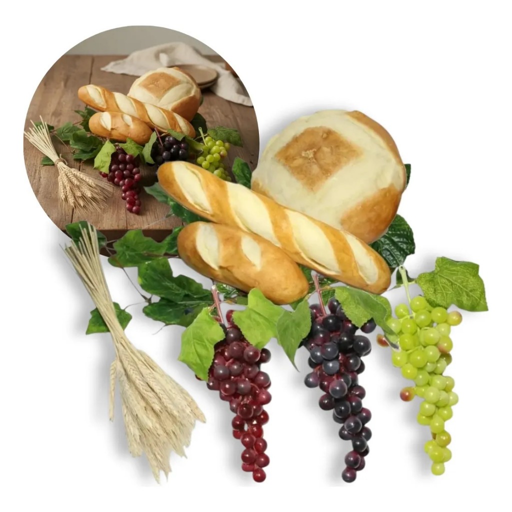 Arranjo Santa Ceia Decoração Completa 2 Pães P + Pão Italiano G + 3 Uvas Realistas E Maço de Trigo