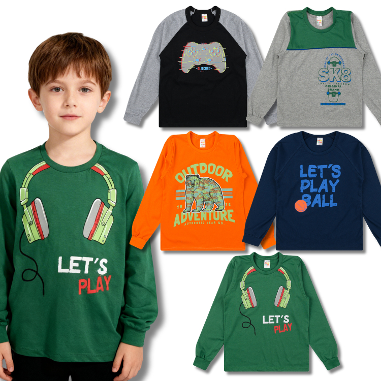Kit Sortido 5 Camisetas Manga Longa Menino Juvenil Inverno Masculino