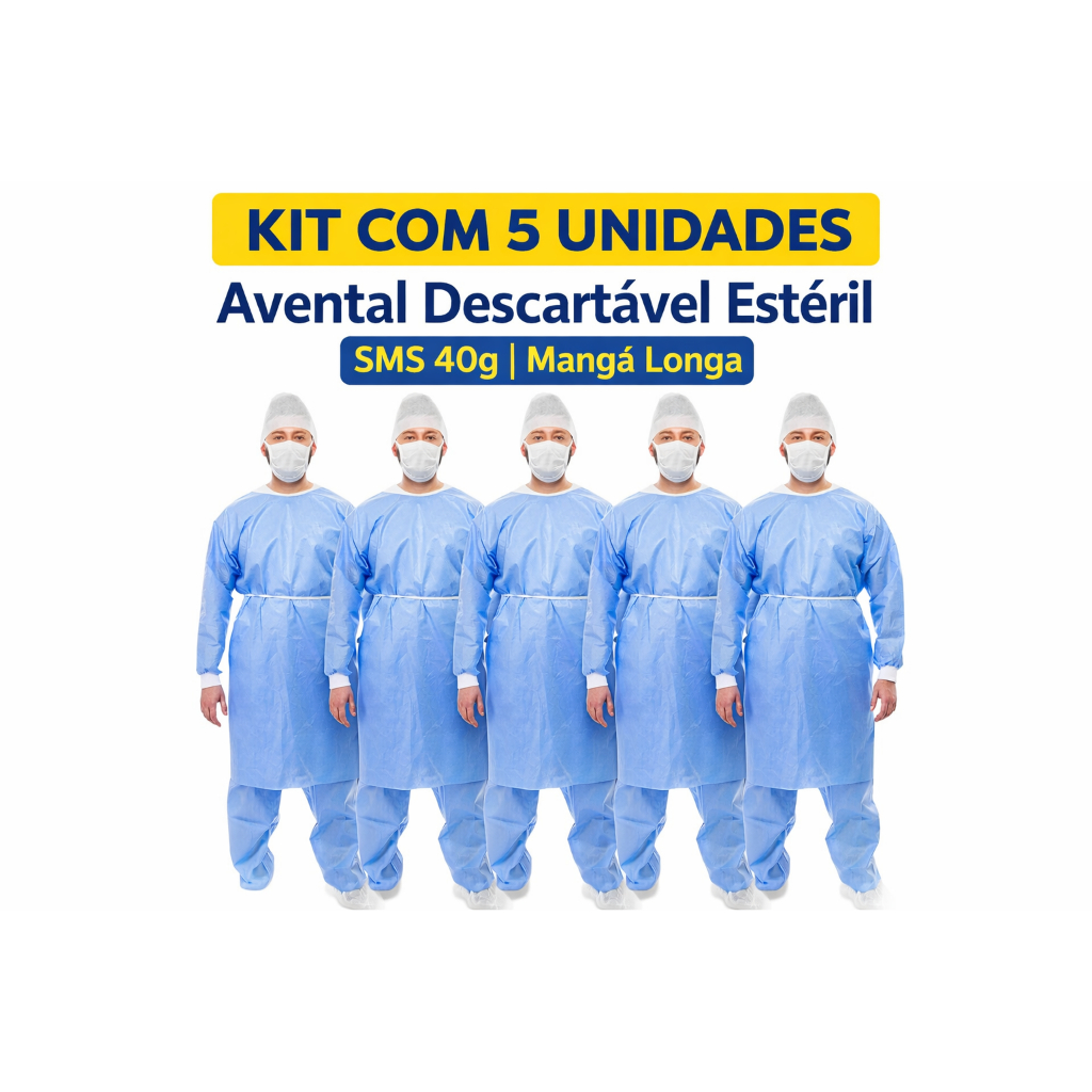 Kit 5 Aventais Descartáveis Estéril SMS Manga Longa 40g Azul Hospitalar