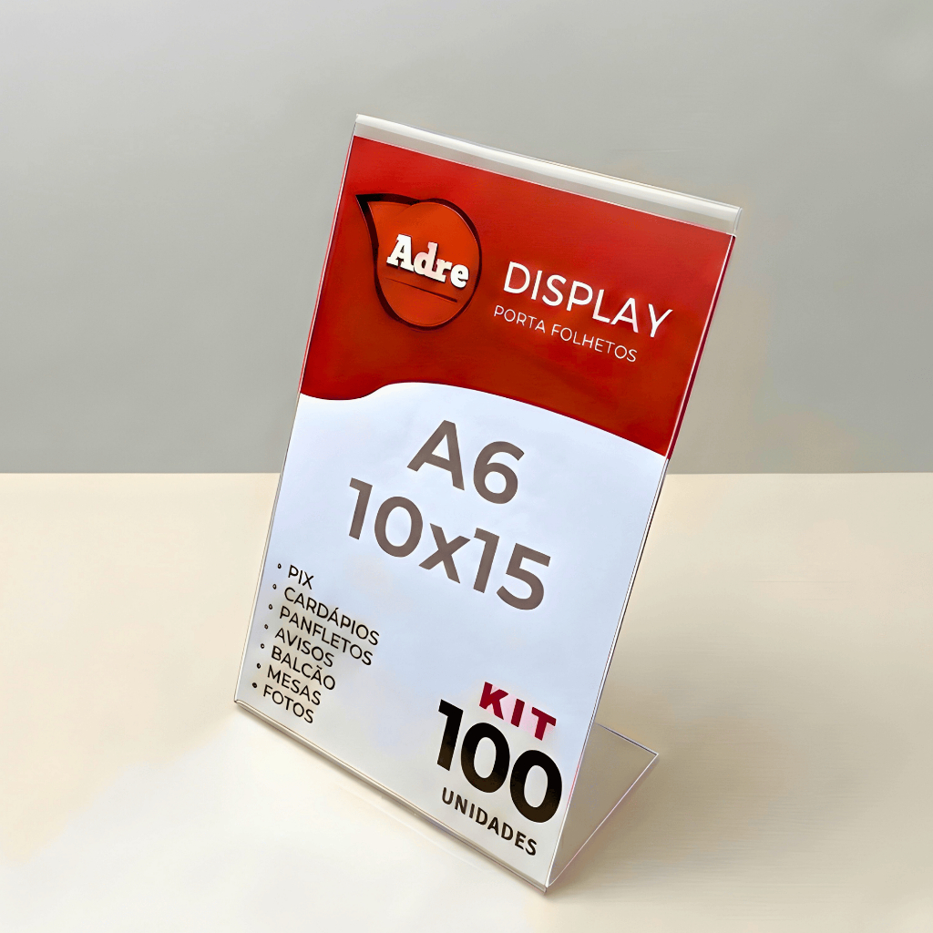 100 Suporte Displays A6 L Expositor 10x15 (PS) Placa de acrilico Pix Qr Code Fotos Licenças Flyers