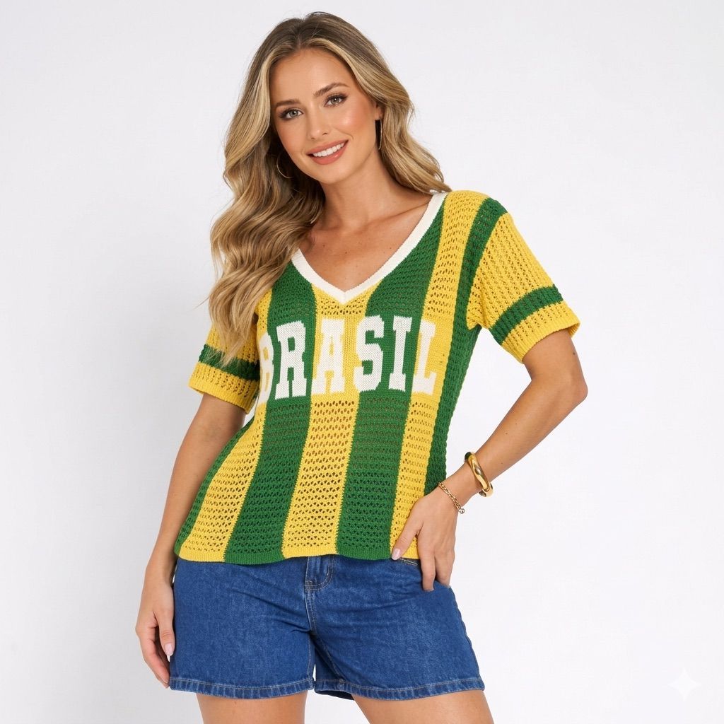 Blusa Feminina Camisa Tricot Brasil Tecido Vazado Decote V Look Brasil Copa Verde Amarela