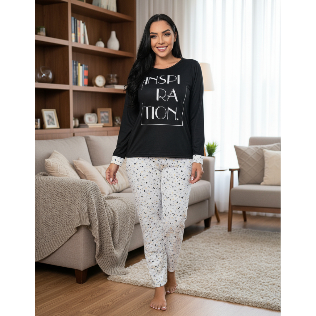 Pijama De Inverno Feminino Conjunto  Manga Comprida Malha Promoção Atacado