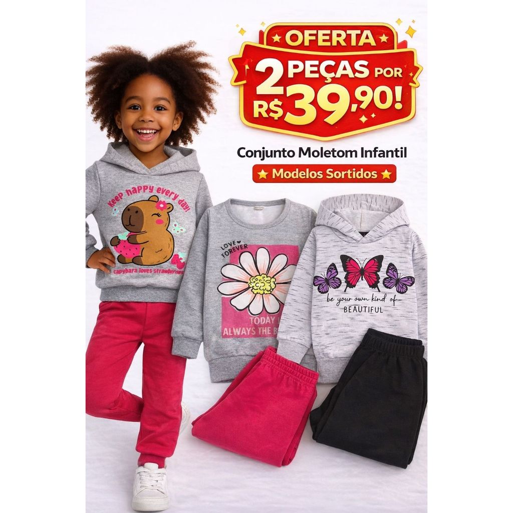 Conjunto Infantil Feminino Moletinho Menina 1 ao 14 Roupa de Frio Bebê Criança Conjunto Inverno