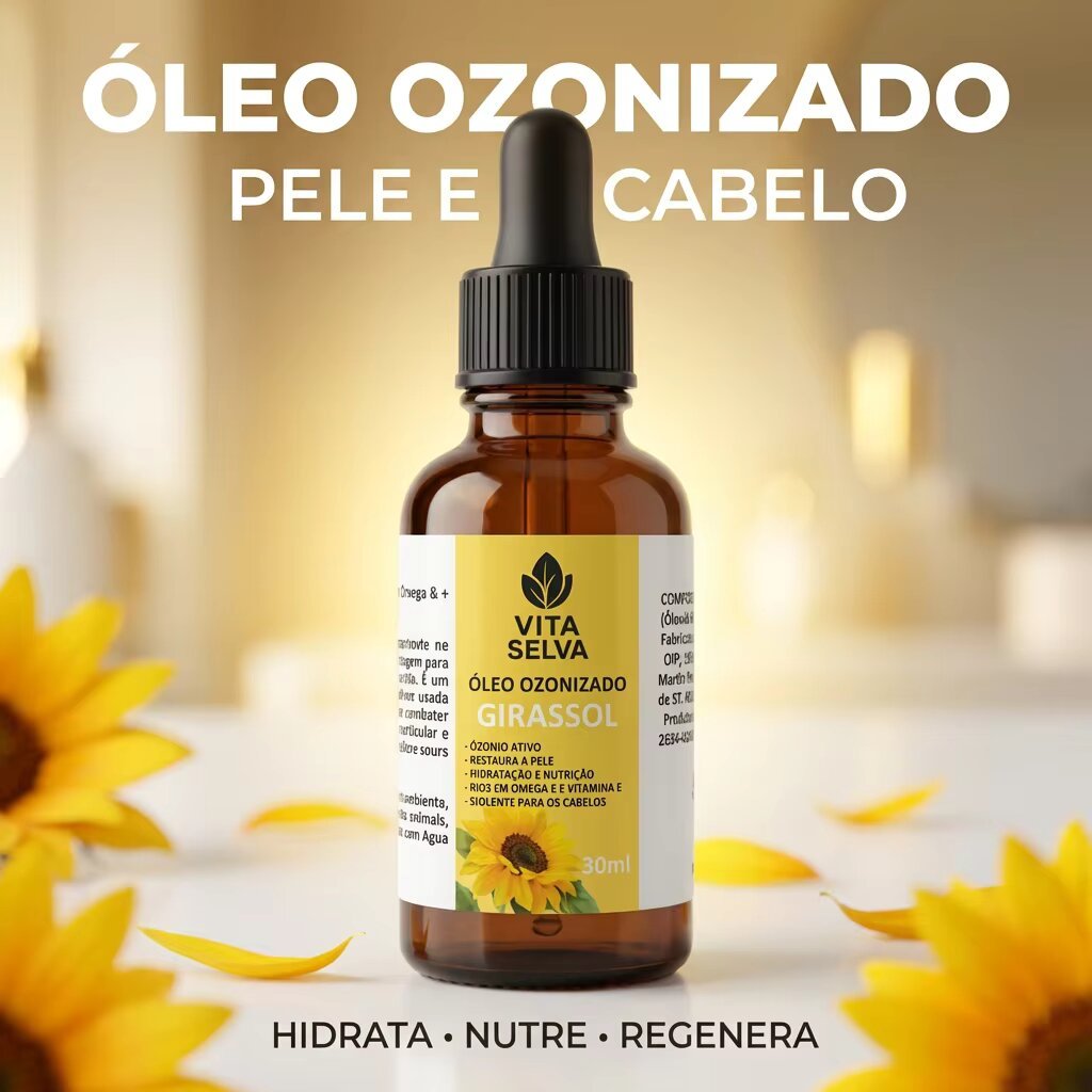 Óleo Ozonizado de Girassol 30 ml para Pele e Cabelo  Hidratante Poderoso e Regenerador Natural