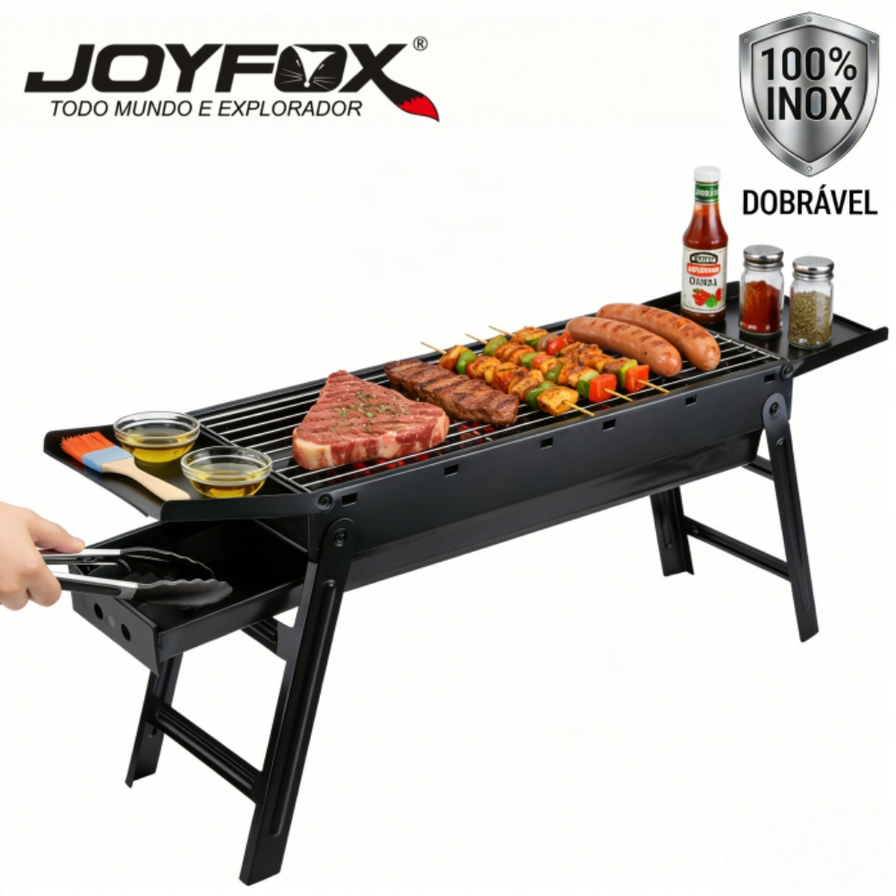 Churrasqueira Portátil A Carvão Dobrável Em Inox Com Bandejas Laterais Camping (Pronta Entrega)