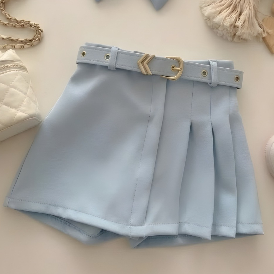 Short Saia Infantil Alfaiataria Plissado com Cinto Elegante Moda Escolar e Dia a Dia
