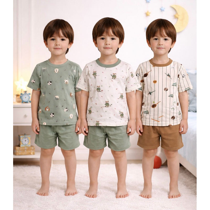 Kit 4 Peças (2 conjuntos) Pijama Infantil Suede Liso ou Canelado Menino Curto Manga Curta e Short estampado Verão
