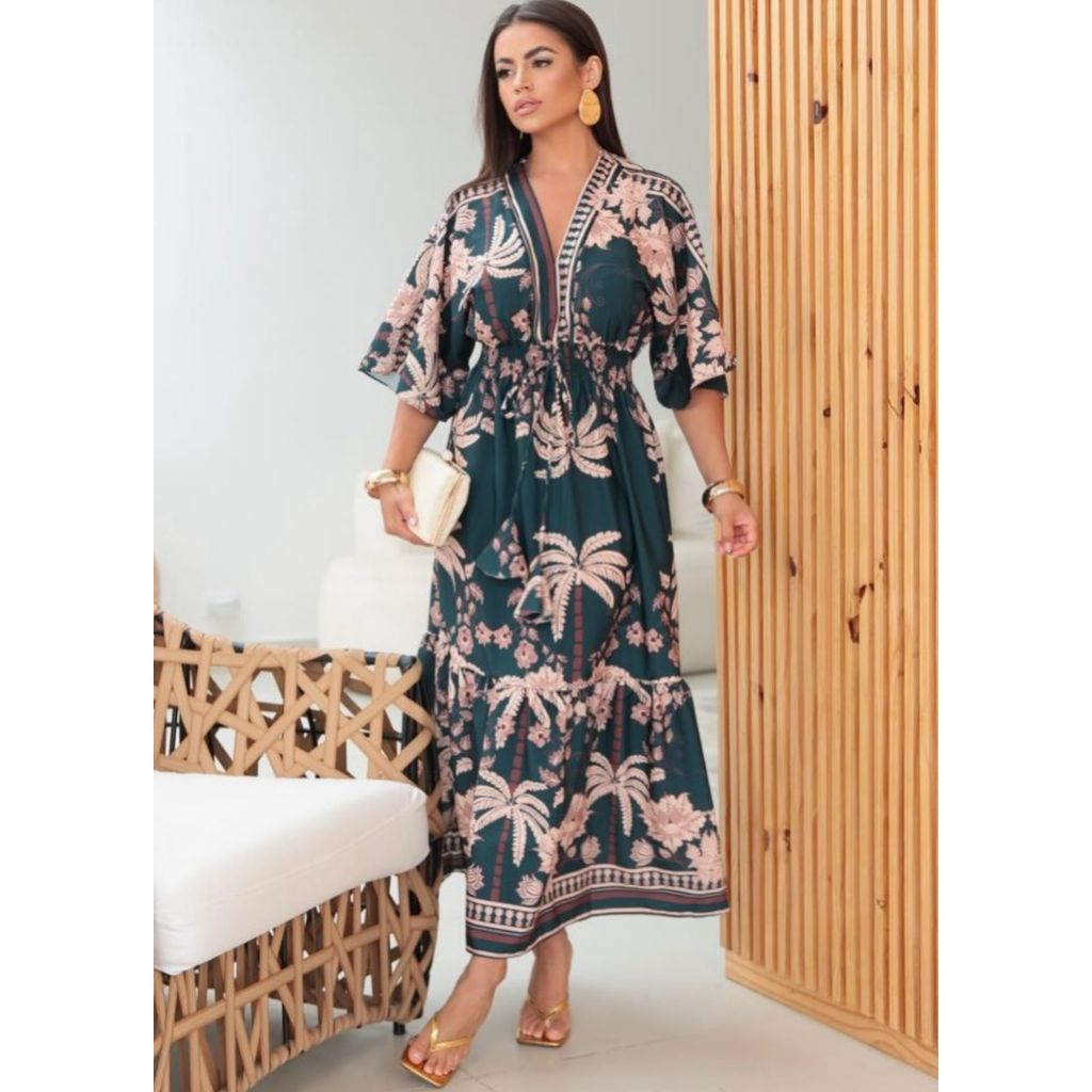 Vestido Midi Feminino  Boho Chic Manga Morcego Casual Dia a Dia  Lastex Na Cintura com Detalhe em Amarração em Oferta na Shopee