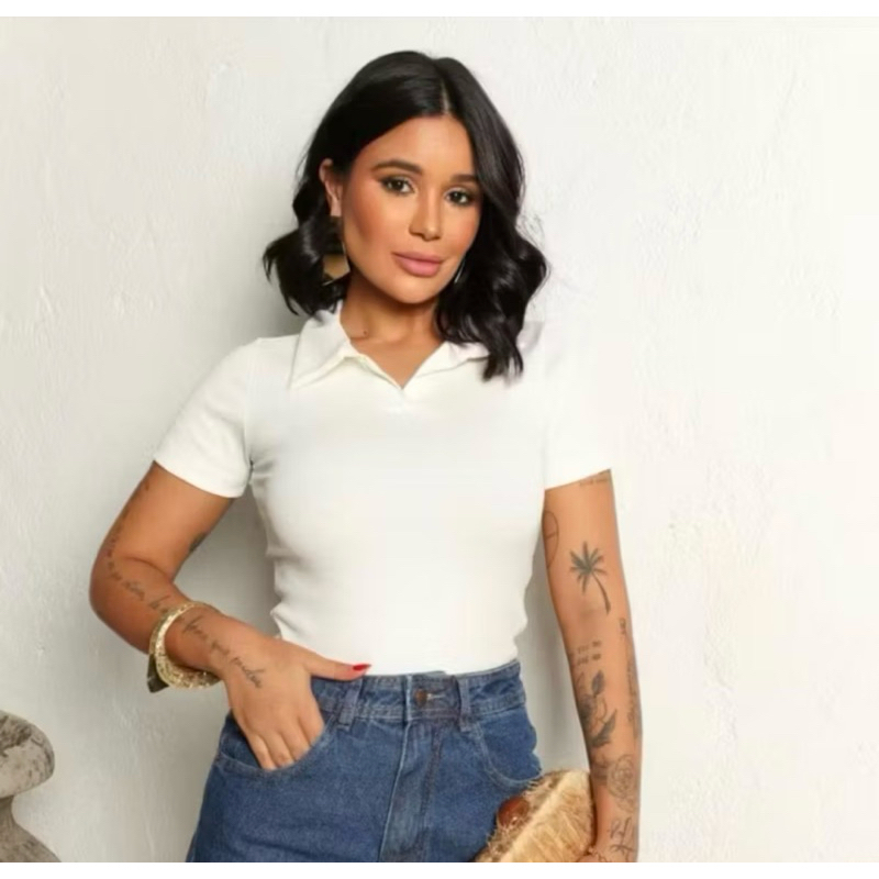 BLUSA GOLA POLO MODA FEMININA BÁSICO CASUAL SOCIAL TRABALHO RIBANA ALGODÃO MANGUINHA VERÃO DIA A DIA ELEGANTE TRABALHO