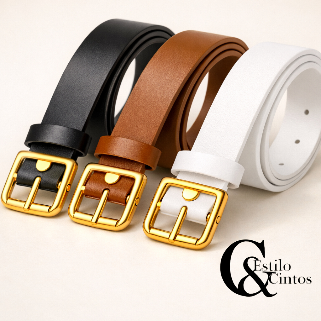 Kit 3 Cintos Femininos casual basico Fivela Dourada Cinto Fino Moda Feminina Preto Branco Caramelo