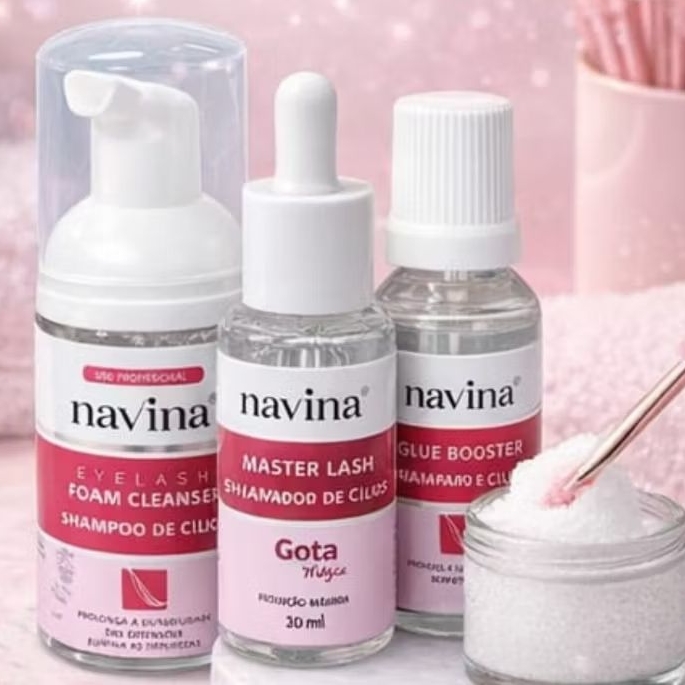Kit Navina Extensão de Cílios 3 em 1 – Shampoo Foam Cleanser + Master Lash Gota Mágica + Glue Booster Acelerador de Cola