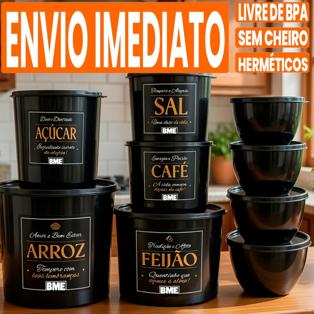 Kit Mantimentos Potes de Cozinha com 9 Peças de Plástico Decorado