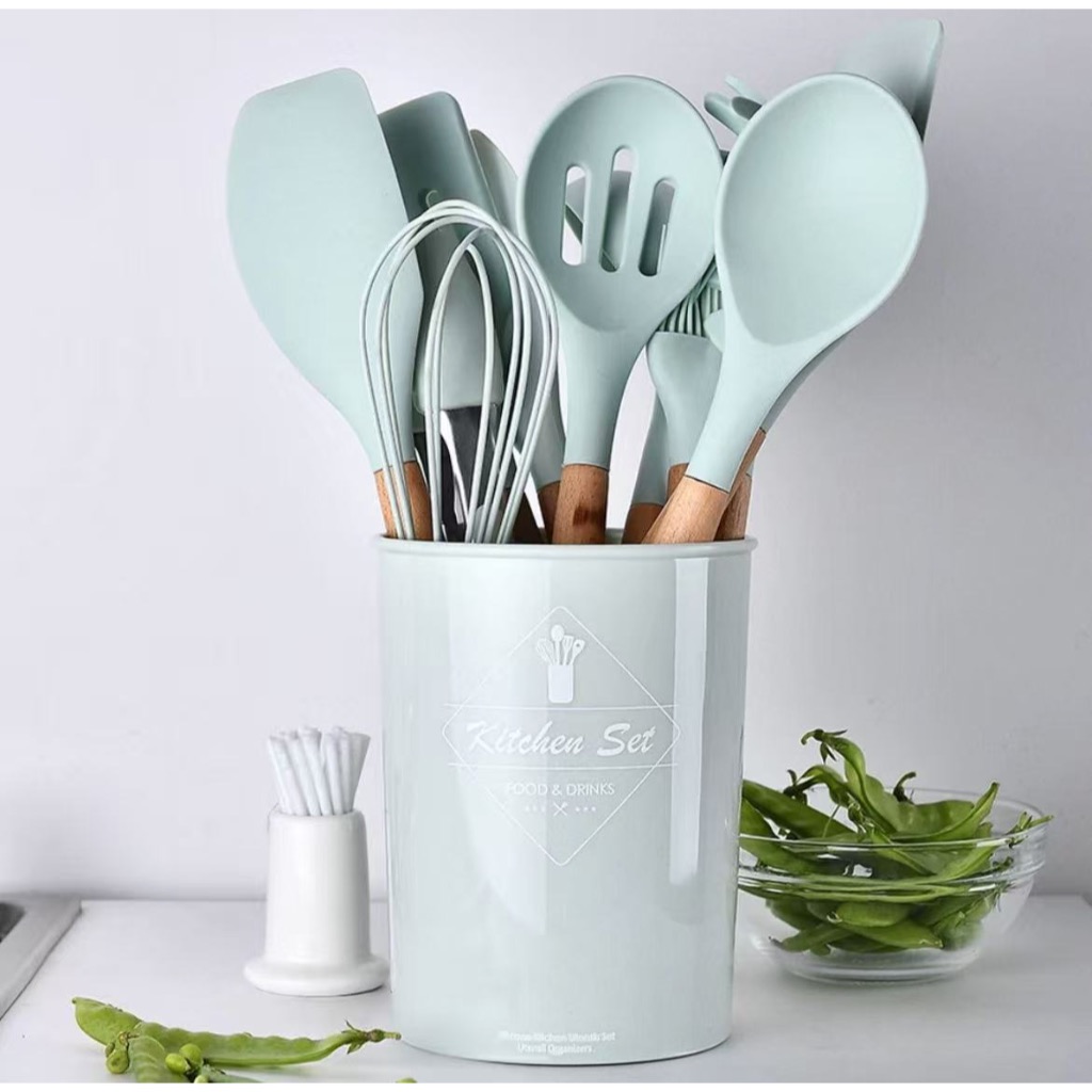 Jogo de Cozinha Kit 12/19 Peças Utensílios de Cozinha em Silicone e Cabo de Madeira Antiaderente