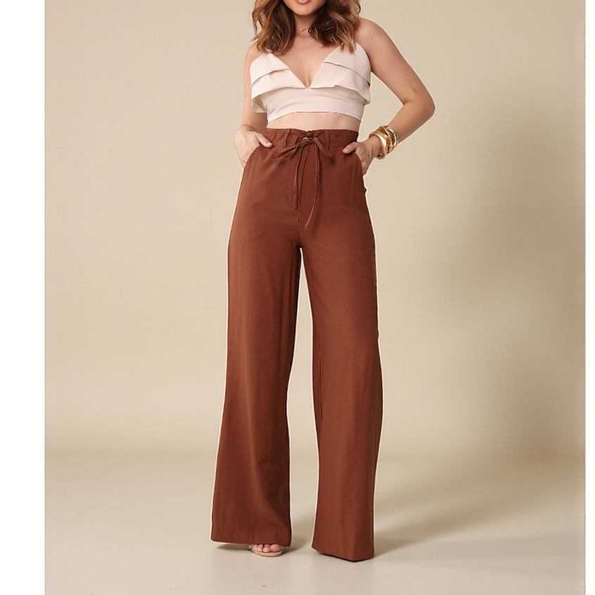 Calça Pantalona Cintura Alta com Amarração Elegância e Conforto Marrante Feminina COD 182 em Oferta na Shopee