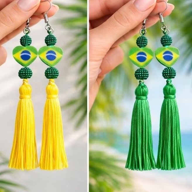 Brinco Boho Chic Brasil Verde, Amarelo e Azul🇧🇷 Tassel Longo | Elegância na Torcida | Estilo Copa | Acessório Feminino