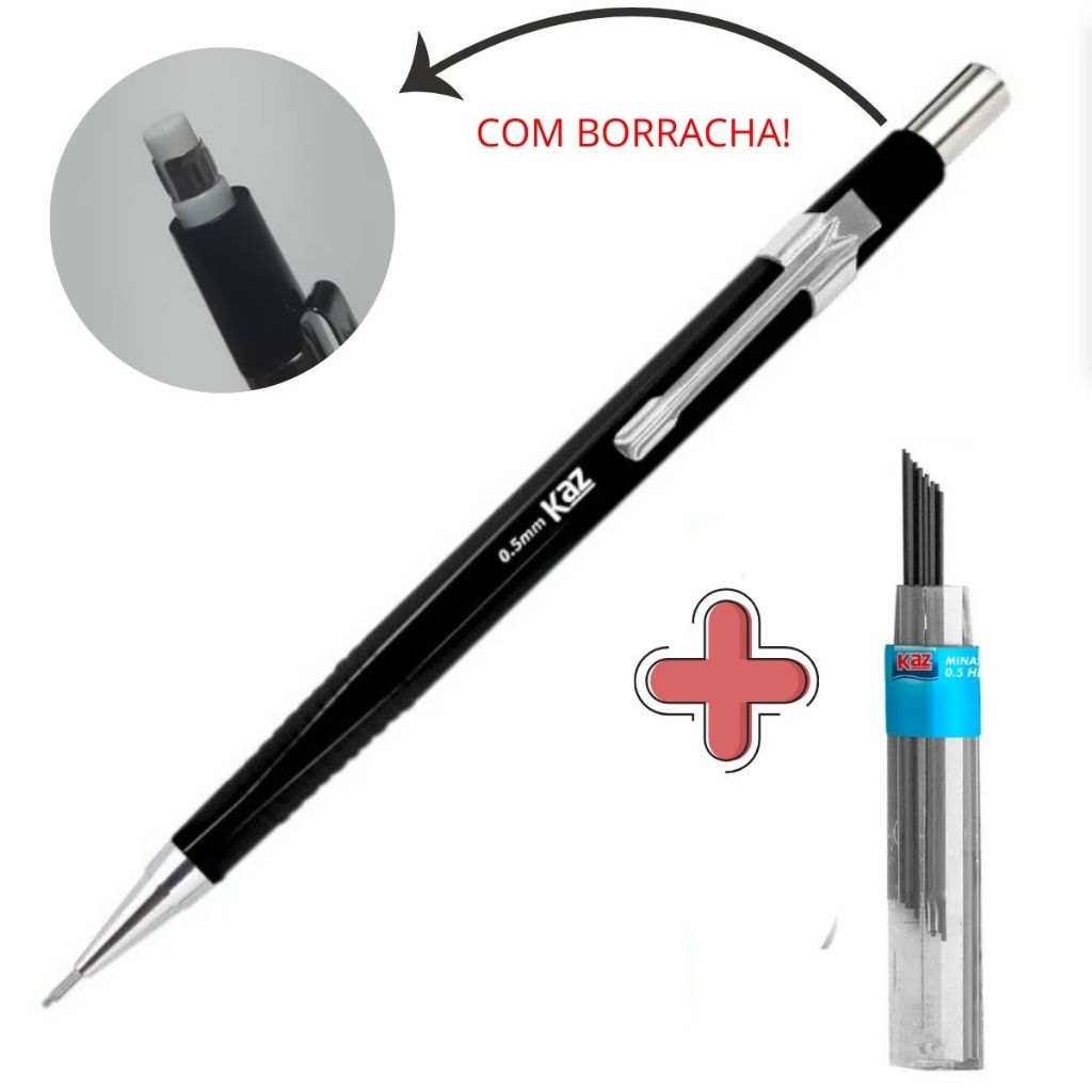 Lapiseira Técnica Preta Kaz Ponta Fina 0.5mm Recarregável Com Borracha + Grafite