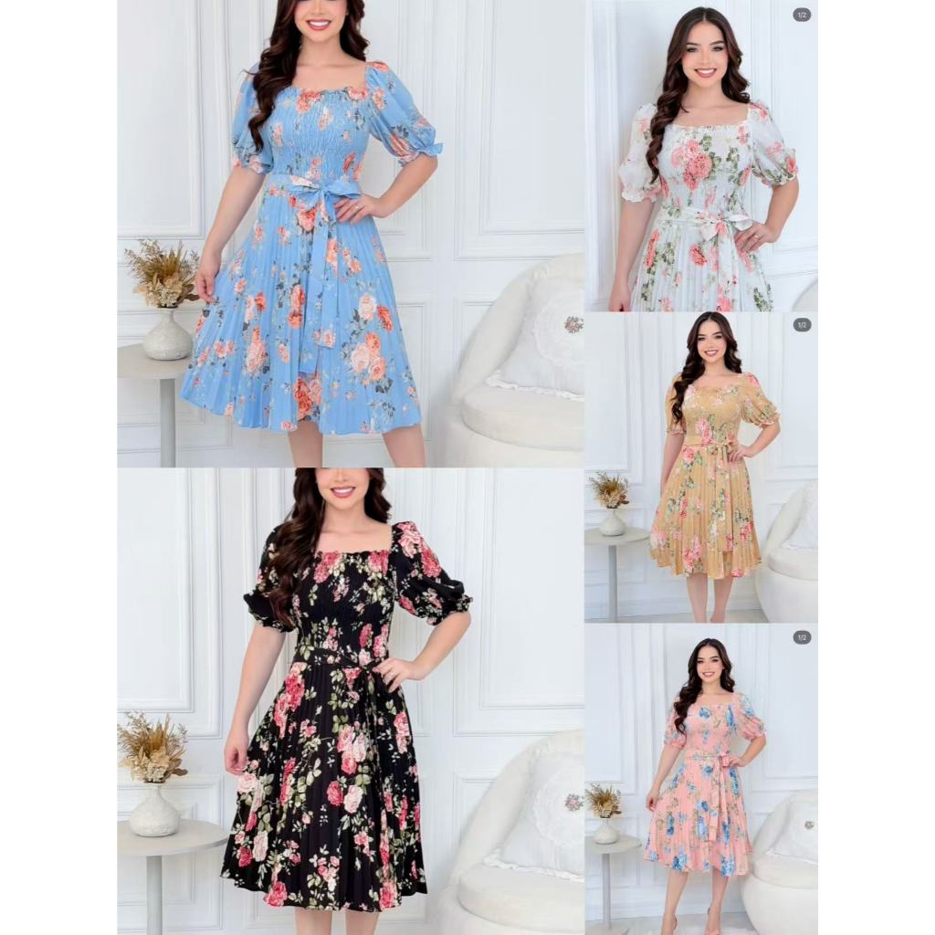 Vestido Plissada Lastex Floral Romântico Com Cinto