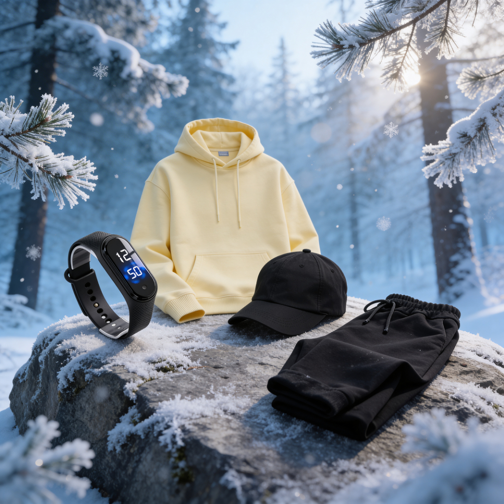 Kit Masculino Casual 4 Produtos Moletom Amarelo Boné Preto Calça e Smartband