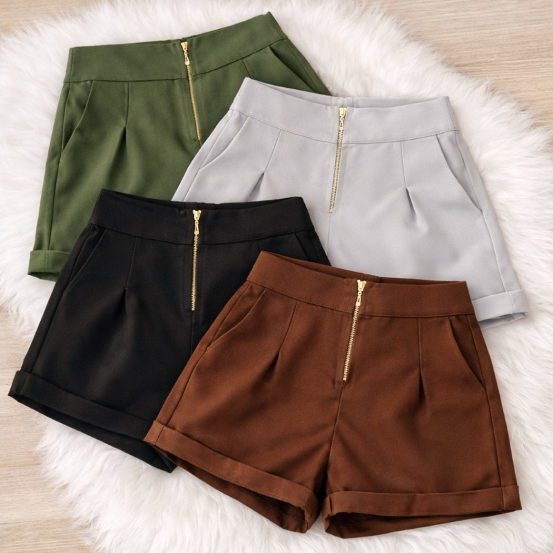 Shorts Feminino Social Alfaiataria Zíper Cintura Alta Conforto Elegante Moda Casual Verão barato