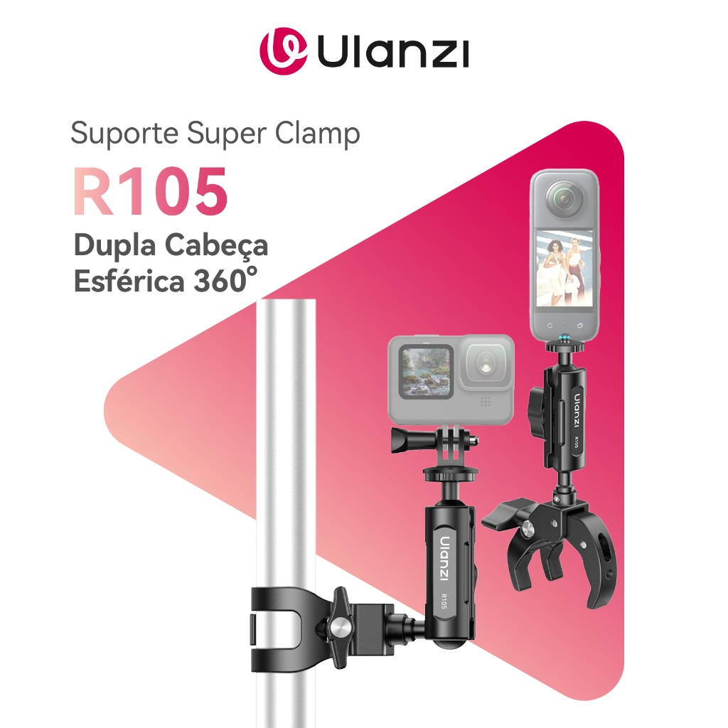 ULANZI R105 Suporte Super Clamp com Dupla Cabeça Esférica 360°,  GoPro Hero 13/12/11/10/9, Insta360