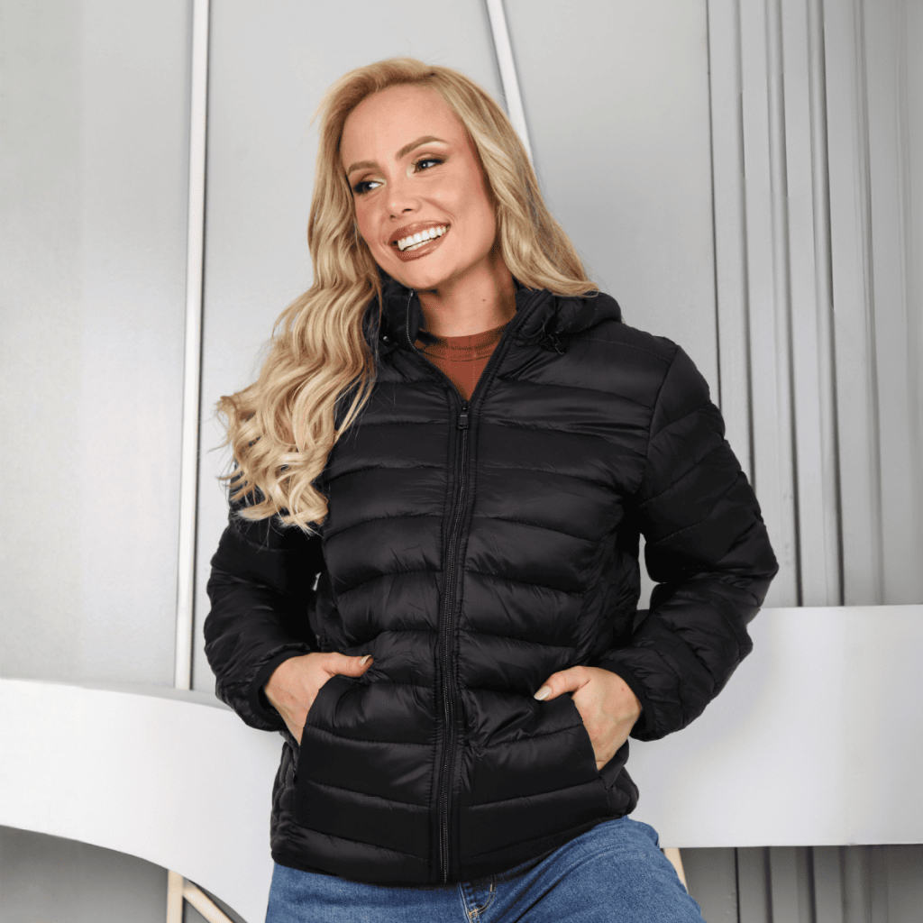 Jaqueta Feminina Puffer Nylon Casaco Bobojaco Impermeável com Capuz Removível Bolso Interno Gominho