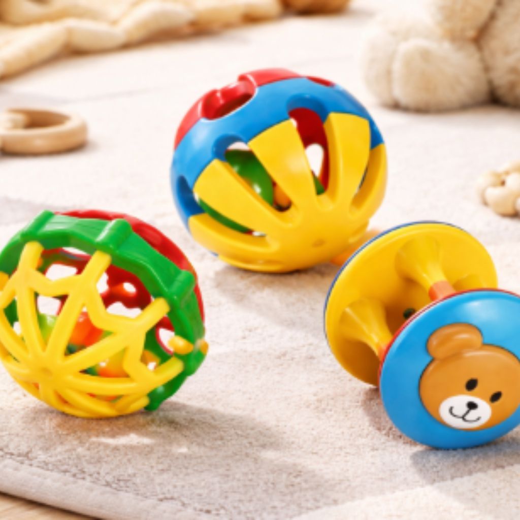 Torre KIT 3 Chocalho Com Bolinha Colorida Bebe Criança Infantil Educativa Pedagógica