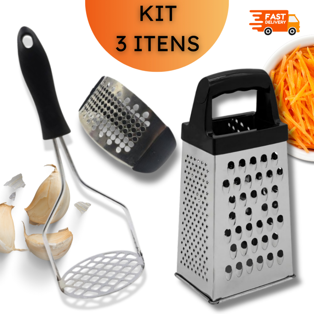 Kit Utensílios de Cozinha em Inox – Ralador  + Amassador de Batatas/Legumes + Amassador Alho - 2 ou 3 ITENS