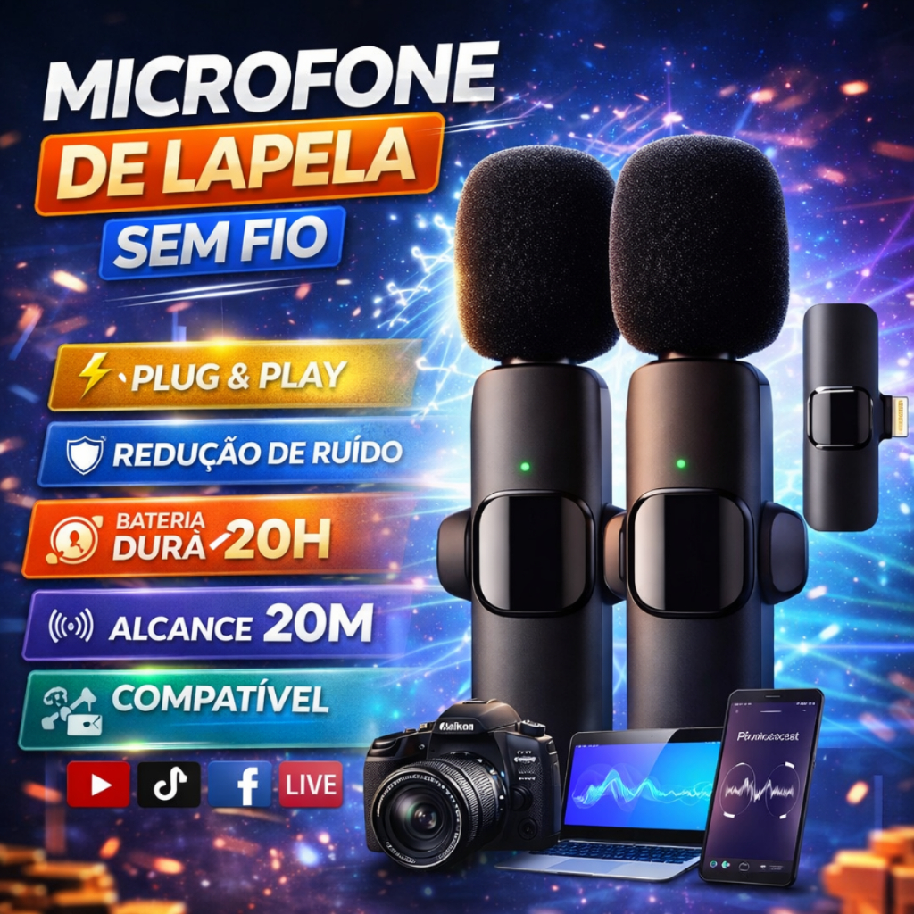 Microfone De Lapela Duplo Sem Fio Entrada Compatível Android e Iphone