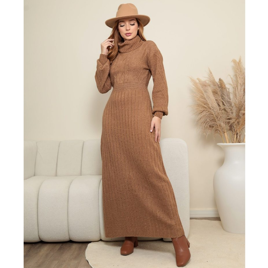 Vestido Feminino Tricot Mousse com Fendas Manga Longa  Gola Inverno Ref:328