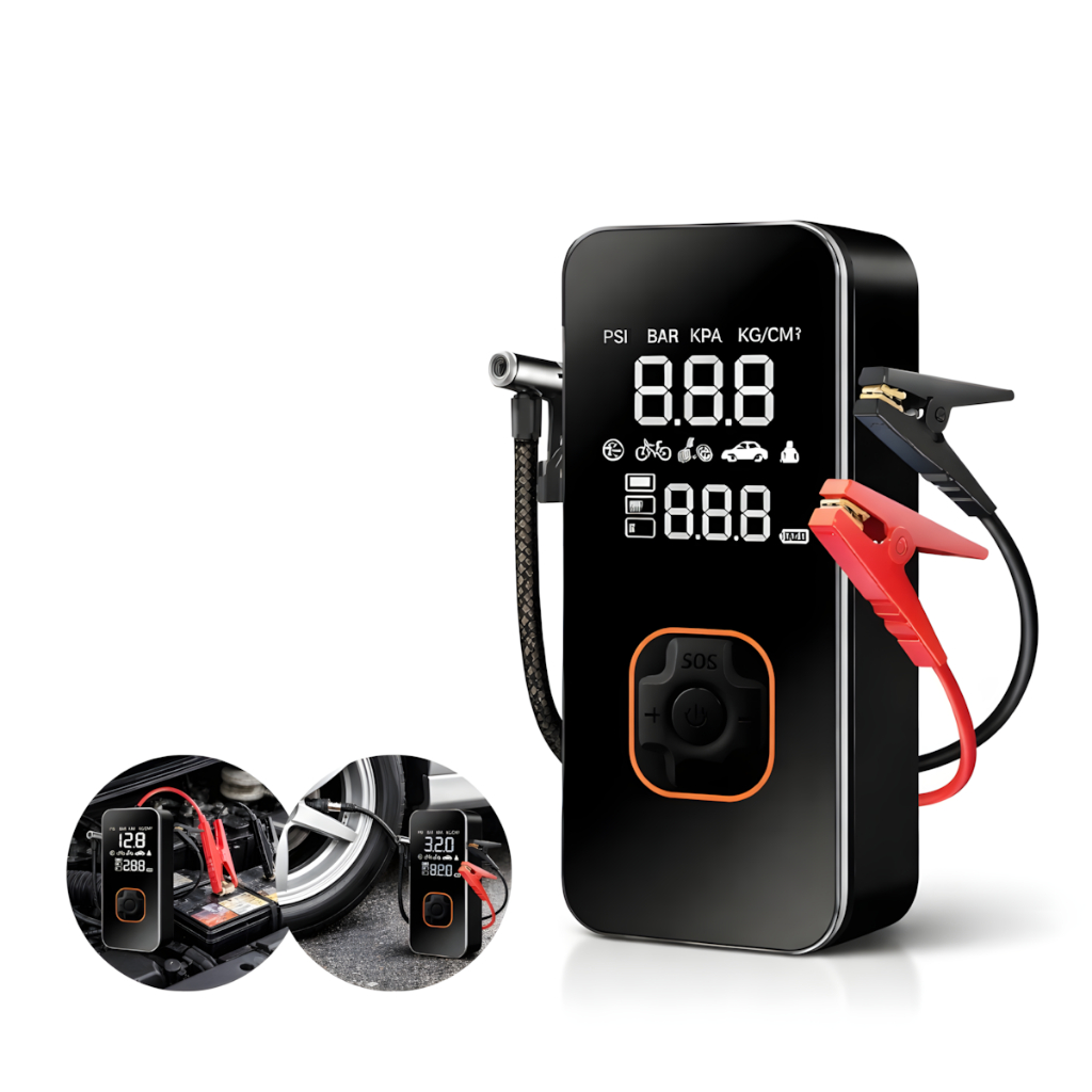 Imagem Bomba de Ar Portatil Compressor Inflator Multi-função 4 em 1 PowerBank 8kmah Bateria Calibrador de Carro Auto Pneu