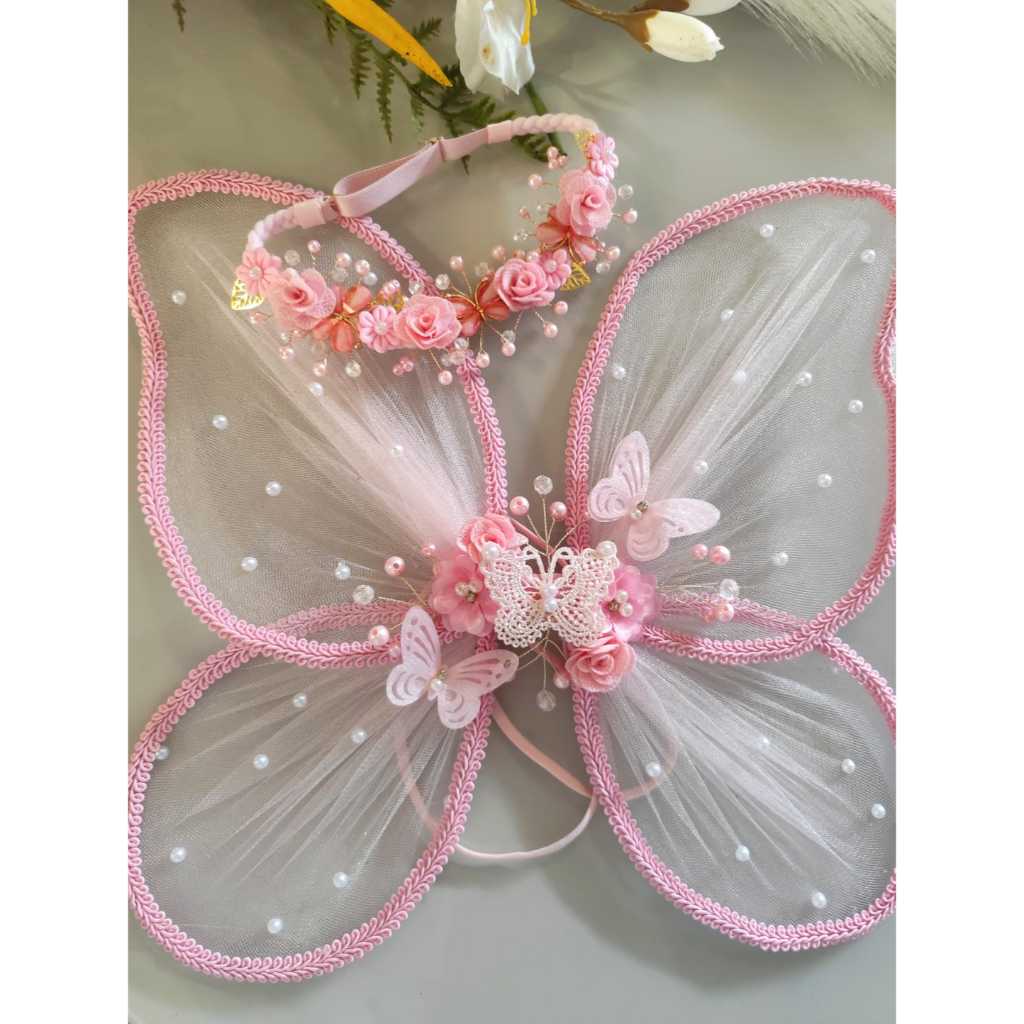 Kit asa de borboleta rosa luxo+tiara floral jardim encantado com pérolas/fantasia infantil delicada