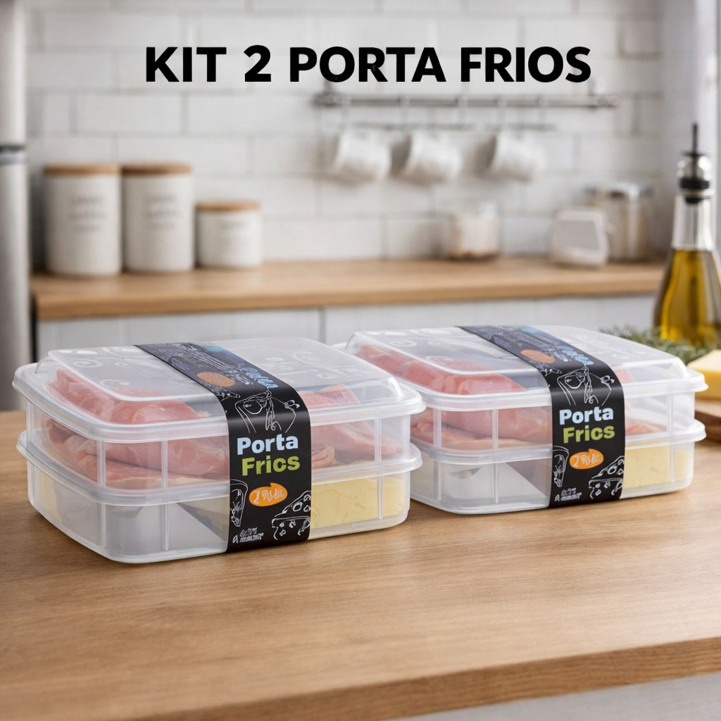 Kit 2 Porta Frios Plástico Transparente 2 Divisórias Presunto Queijo Hermético Com Tampa Trava Dieta