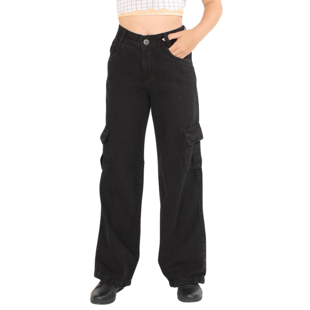 Calça cargo preta wide leg pantalona feminina menina infantil juvenil 10 ao 16