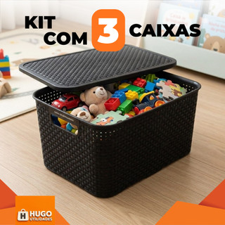 Kit 3 Cestos Organizadores Multiuso Rattan 7L Com Tampa Colorido