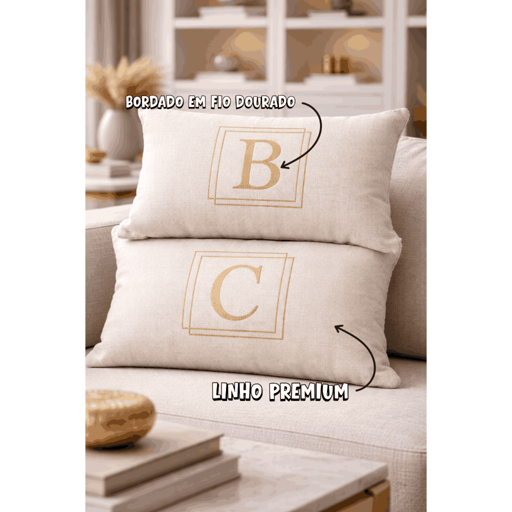 Almofada Baguete Quadrada Sued Premium Cru com Bordado Dourado Com e Sem Refil