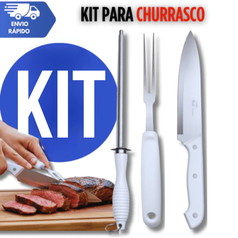 Conjunto Churrasco Profissional 3 Peças – Faca 8', Garfo 6' e Chaira 7,5' Aço Inox com Cabo Branco