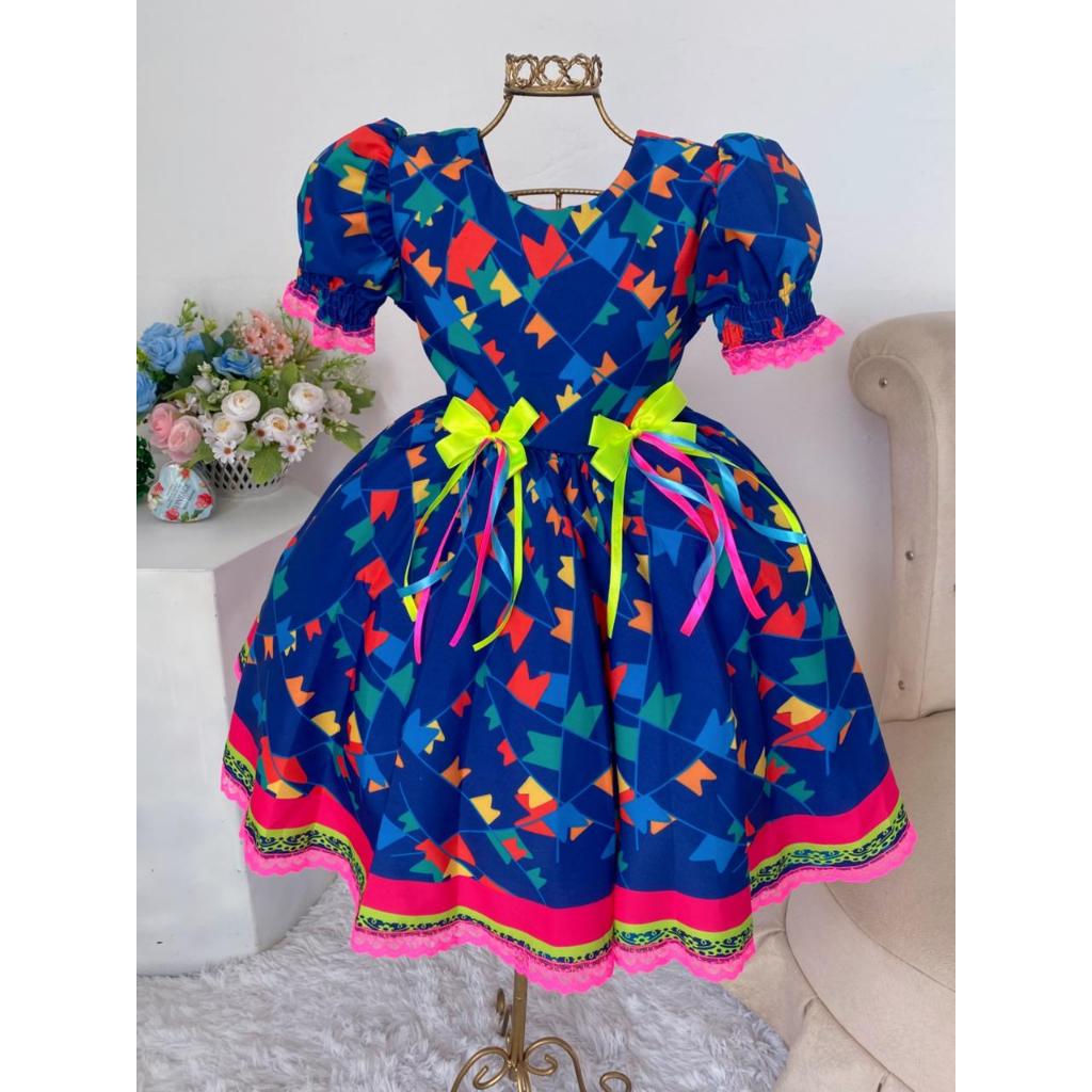 Vestido Infantil Junino Festa Junina Azul Bandeirinhas Quadrilha São João