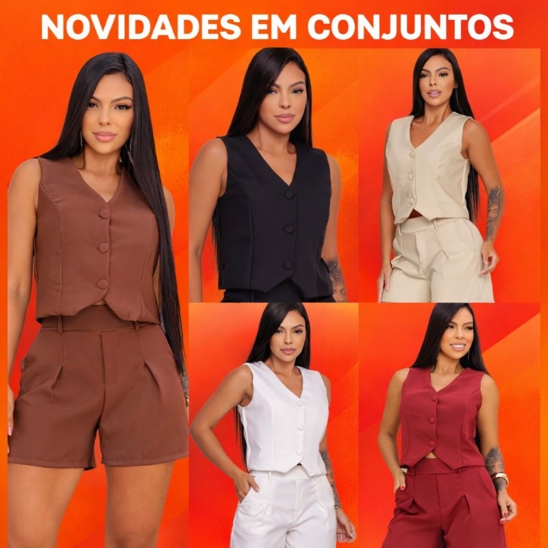 conjunto feminino alfaiataria Luxo Short e Colete Elegante Social Casual Moda Premium ziper e bolsos laterais botões