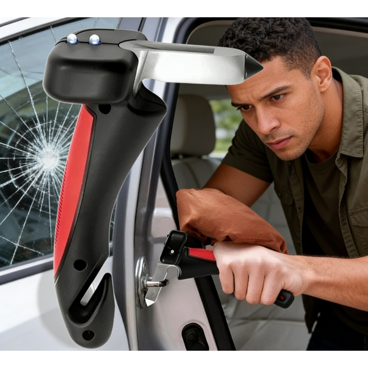Alça Auxiliar para Porta de Carro 3 em 1 – Apoio para Idosos e Cadeirantes | Quebra Vidro e Corta Cinto