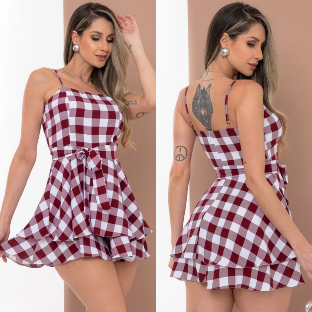 Macaquinho Feminino Xadrez Vestido Rodado com Laço Removível Alça Ajustável Festa Junina