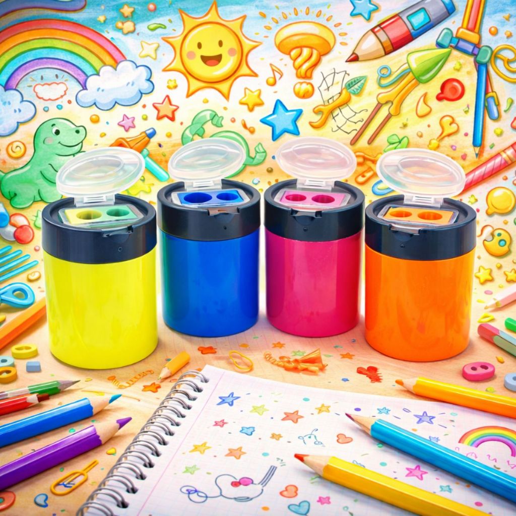 Kit 12 Apontador Duplo Cestinha Com Depósito Neon Mini Cestinha Escolar Atacado Volta as Aulas