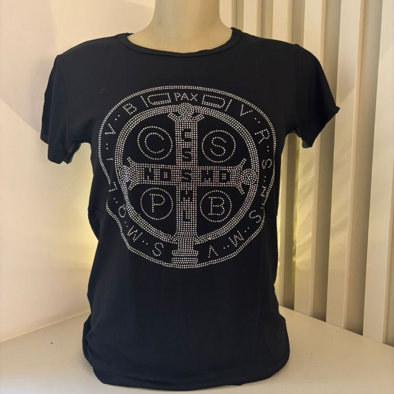 Baby Look São Bento com brilho - Camisa feminina religiosa