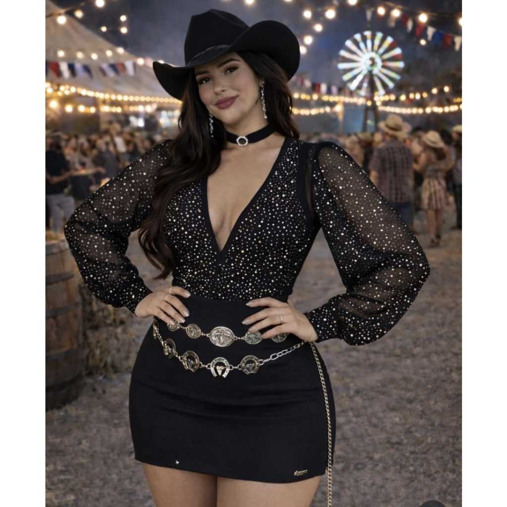 Body Feminino Manga Longa Bufante Decotado, Body Pedraria com Brilho, Body Stras Brilho, Body tule com Bojo