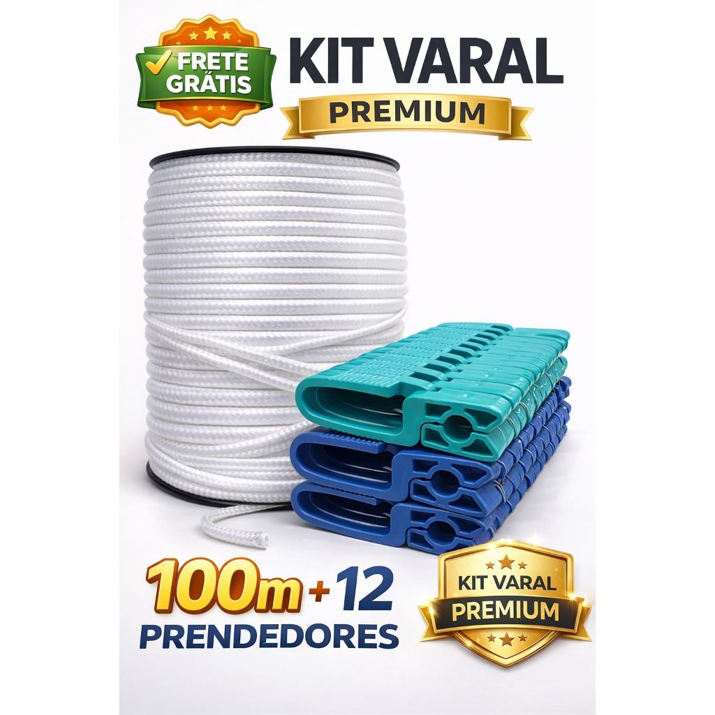 Kit Varal – Corda 100m 4mm + 12 Prendedores | Super Resistente | Varal Completo